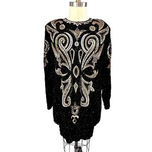Mob wife era 80s VTG Lillie Rubin Blk/Gld Sequined Silk Hobble Dress Black Sz L